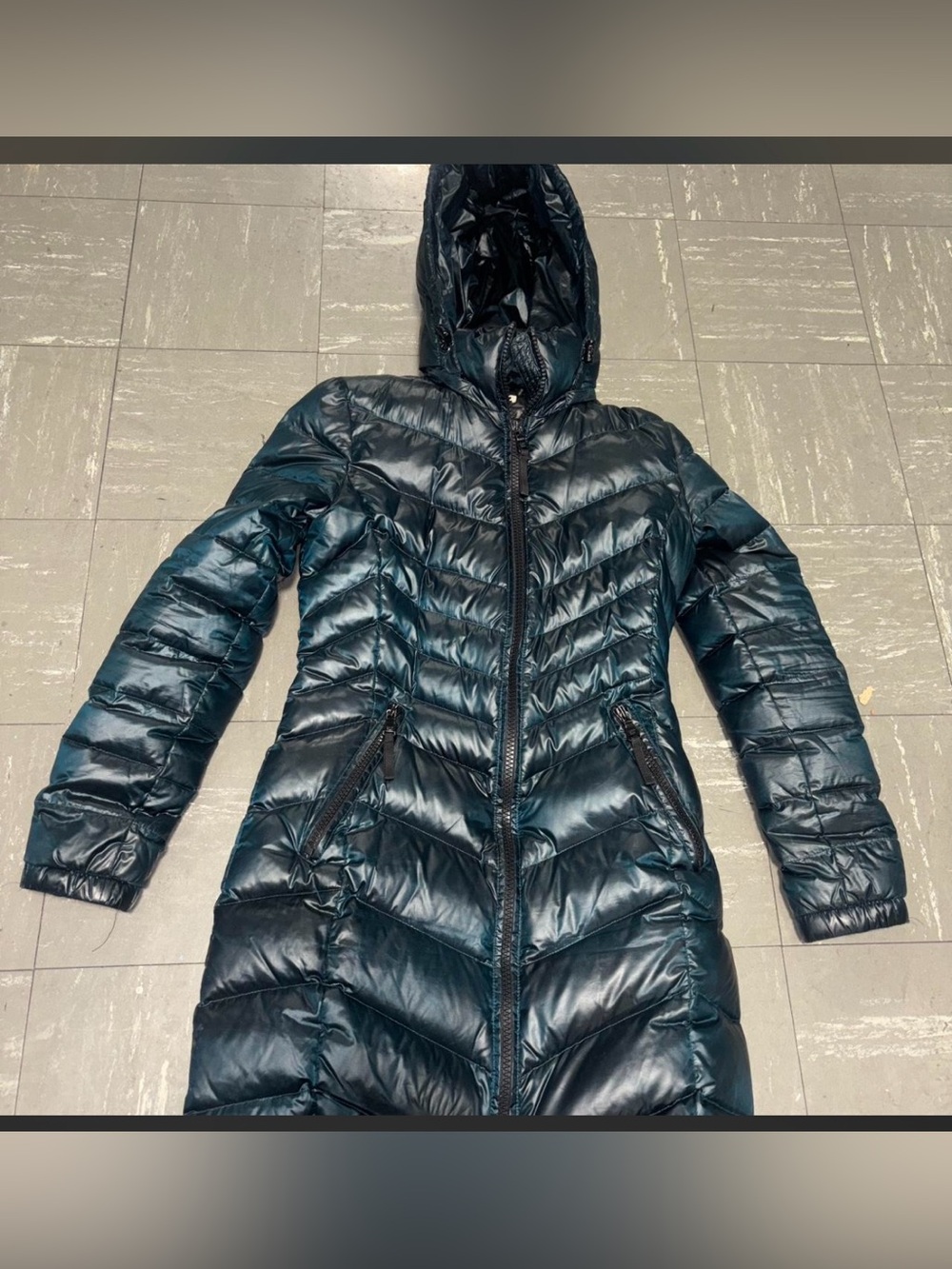 Women's Calvin Klein Metallic Green Winter Coat XXS Puffy Long Waist Length